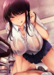 Rule 34 | 1boy, 1girl, ayakase riberi, black hair, blush, bra, bra visible through clothes, breasts, bulge, character request, cleavage, curvy, erection, erection under clothes, highres, huge breasts, long hair, looking at viewer, penis, school uniform, see-through, shirt, skirt, sweat, thick thighs, thighs, tongue, tongue out, underwear, uniform, wet, wet clothes