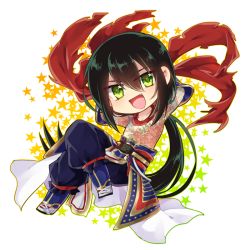 Rule 34 | 1boy, arm rest, arms behind back, black hair, chibi, fate (series), green eyes, lying back, male focus, monyoe, open mouth, smile, solo, star (symbol), tattoo, yan qing (fate)