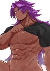Rule 34 | 1boy, 1hao (@cerbero64), abs, bara, bare pectorals, bhima (fate), blush, bottomless, clothes lift, dark-skinned male, dark skin, fate/grand order, fate (series), groin, highres, large pectorals, lifted by self, long hair, looking at viewer, male focus, male pubic hair, muscular, muscular male, navel, nipples, out-of-frame censoring, pectorals, pubic hair, purple eyes, shirt, shirt lift, shy, solo, sparse pubic hair, stomach, strongman waist, t-shirt, thick eyebrows