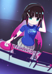Rule 34 | 1girl, aqua eyes, artist name, artist request, black hair, black headphones, blue shirt, blunt bangs, breasts, clothes writing, dj, female focus, floating hair, green eyes, headphones, highres, hime cut, kurosawa dia, layered skirt, long hair, looking at viewer, love live!, love live! sunshine!!, microphone, miniskirt, mole, mole under mouth, multicolored hair, on stage, plaid, plaid skirt, pleated, pleated skirt, shirt, short sleeves, skirt, small breasts, solo, stage, stage lights