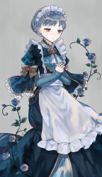 Rule 34 | 1girl, absurdres, adapted costume, alternate costume, apron, blue capelet, blue dress, blue flower, blue hair, blue rose, bow, braid, brown eyes, capelet, closed mouth, commentary, crown braid, dress, fire emblem, fire emblem: three houses, flower, frilled apron, frills, grey background, half-closed eyes, highres, leaf, long dress, long sleeves, maid, maid apron, maid headdress, marianne von edmund, nintendo, own hands together, repu (rep sha), rose, short hair, simple background, sleeves past wrists, solo, white apron, yellow bow