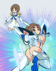 Rule 34 | 10s, 1girl, ass, boots, brown eyes, brown hair, commentary request, female focus, foreshortening, from behind, gloves, gyosone, high heel boots, high heels, horns, junketsu, kill la kill, looking at viewer, looking back, mankanshoku mako, outstretched arms, pink eyes, short hair, smile, solo, sparkle, thighhighs