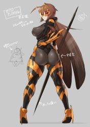 Rule 34 | 1girl, antenna hair, armor, ass, bee girl, bodysuit, breasts, brown hair, commentary, hair tubes, hand on own hip, high heels, lance, large breasts, long hair, looking back, low twintails, mikoyan, original, personification, polearm, simple background, sunglasses, translation request, twintails, wasp, weapon