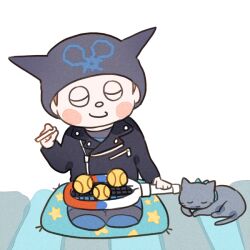 Rule 34 | 1boy, animal ear headwear, animal ears, ball, beanie, black hat, black jacket, black jumpsuit, black sleeves, blue bow, blue jumpsuit, blush stickers, bow, brown hair, buttons, carpet, cat, cat ears, cigarette, closed eyes, closed mouth, collared jacket, commentary request, cushion, danganronpa (series), danganronpa v3: killing harmony, fake animal ears, full body, hat, holding, holding cigarette, holding tennis racket, hoshi ryoma, jacket, jumpsuit, kogarashi 8, leather, leather jacket, long sleeves, male focus, partial commentary, pocket, prison clothes, racket, seiza, short hair, simple background, sitting, smile, solo, star (symbol), star print, striped jumpsuit, tennis ball, tennis racket, two-tone jumpsuit, very short hair, white background, zabuton, zipper, zipper pull tab