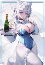 Rule 34 | 1girl, :o, absurdres, alcohol, animal ears, black collar, blue border, blue eyes, blue hairband, blue nails, border, bottle, bow, breasts, cat ears, cleavage, cleavage cutout, clothing cutout, collar, collarbone, commentary, covered navel, cowboy shot, cup, drinking glass, hair between eyes, hair bow, hair ornament, hairband, hairpin, head tilt, highleg, highleg leotard, highres, holding, holding plate, huge breasts, large breasts, legband, leotard, light blush, long sleeves, looking at viewer, manong (8724), multiple hair bows, nail polish, original, pantyhose, plate, playboy bunny, shirt, short hair, simple background, standing, symbol-only commentary, tail, thighs, tongue, white background, white hair, white pantyhose, white shirt, white tail, wine, wine bottle, wine glass