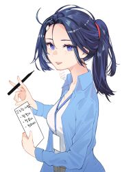 Rule 34 | 1girl, :d, blue hair, blue shirt, blush, breasts, collared shirt, from side, hair between eyes, hair tie, hand up, hashtag-only commentary, holding, holding paper, holding pen, ive (stellive), lanyard, long hair, long sleeves, looking at viewer, looking to the side, medium breasts, open clothes, open mouth, open shirt, paper, pen, ponytail, purple eyes, shirt, sideways glance, simple background, smile, solo, stellive, talnory, teeth, thick eyelashes, translation request, upper body, upper teeth only, white background, white shirt