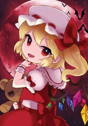 Rule 34 | 1girl, bat (animal), blonde hair, bow, chibi, crystal, fang, flandre scarlet, full moon, hat, hat ribbon, himaya, looking back, mob cap, moon, open mouth, puffy short sleeves, puffy sleeves, red eyes, red moon, ribbon, short hair, short sleeves, side ponytail, skirt, skirt set, slit pupils, solo, stuffed animal, stuffed toy, teddy bear, touhou, vest, wings