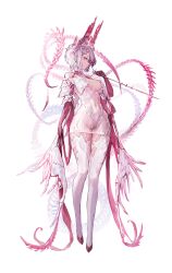 Rule 34 | 1girl, absurdres, agoto, breasts, closed mouth, dress, ear piercing, elbow gloves, full body, gloves, grey hair, highres, holding, horns, jewelry, looking at viewer, medium breasts, multicolored hair, original, piercing, pink hair, profile, red eyes, red footwear, red gloves, see-through, see-through dress, short hair, simple background, solo, thighhighs, white background, white thighhighs
