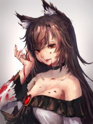 Rule 34 | 1girl, animal ear fluff, animal ears, bare shoulders, black choker, blood, blood on clothes, blood on face, blood on hands, breasts, brooch, brown hair, choker, cleavage, collarbone, commentary request, dress, gradient background, grey background, hand up, highres, imaizumi kagerou, jewelry, large breasts, long hair, long sleeves, looking at viewer, manichi, off-shoulder dress, off shoulder, red eyes, sketch, smile, solo, tongue, tongue out, touhou, upper body, very long hair, white dress, wide sleeves, wolf ears