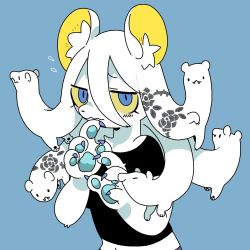 Rule 34 | 1girl, animal ears, animal hands, black shirt, blue background, blue eyes, colored sclera, flower tattoo, hair between eyes, hands up, highres, living hair, looking at viewer, midriff, navel, original, panapana, shirt, short sleeves, simple background, solo, tattoo, upper body, yellow sclera