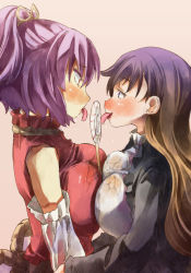 Rule 34 | 2girls, bare shoulders, breast press, breasts, brown hair, candy, detached sleeves, drooling, eye contact, hijiri byakuren, large breasts, licking, lollipop, long hair, looking at another, multicolored hair, multiple girls, purple eyes, purple hair, red eyes, shared food, short hair, smile, symmetrical docking, tongue, tongue out, touhou, upper body, yasaka kanako, yohane, yuri