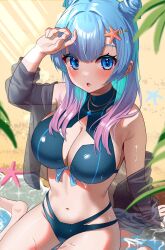 1girl :o aqua_hair arm_support arm_up barefoot beach bikini blue_bikini blue_eyes blue_hair blush breasts cleavage commentary_request cone_hair_bun day double_bun feet film_grain front-tie_top gradient_hair hair_bun hair_over_shoulder hamukiri highres jacket jewelry large_breasts light_rays long_hair looking_at_viewer monster_strike multi-strapped_bikini_bottom multicolored_hair navel necklace neo_(monster_strike) ocean off_shoulder open_clothes open_jacket outdoors palm_leaf parted_lips pendant pink_hair sand see-through_clothes see-through_jacket shore sitting sleeves_past_wrists solo sparkle starfish starfish_hair_ornament stomach sunbeam sunlight swimsuit wariza water water_drop wet