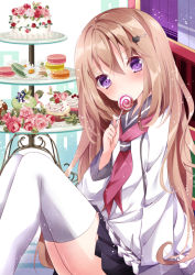 Rule 34 | 1girl, blush, cake, candy, covering own mouth, cupcake, food, hair ornament, hairclip, lollipop, long hair, looking at viewer, macaron, nanase nao, original, purple eyes, school uniform, serafuku, sitting, skirt, solo, swirl lollipop, thighhighs, tiered tray, white thighhighs
