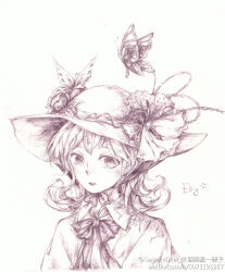 Rule 34 | 1girl, bow, bowtie, bug, butterfly, character name, elly (touhou), female focus, frilled shirt collar, frills, hat, insect, medium hair, monochrome, open mouth, simple background, solo, touhou, touhou (pc-98), watermark, web address, weibo watermark, white background, yorktown cv-5