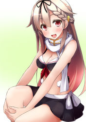 Rule 34 | 10s, 1girl, :d, bare shoulders, bikini, black bikini, black skirt, blonde hair, blush, braid, breasts, cleavage, dd mayohara, gradient background, hair flaps, hair ornament, hair ribbon, hairclip, hands on knee, kantai collection, long hair, looking at viewer, medium breasts, open mouth, pleated skirt, red eyes, ribbon, scarf, skirt, smile, solo, swimsuit, white scarf, yuudachi (kancolle), yuudachi kai ni (kancolle)