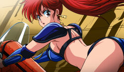Rule 34 | 1girl, armor, asagiri youko, ass, bikini, bikini armor, blue bikini, breasts, brown eyes, brown hair, choker, earrings, from behind, genmu senki leda, highres, hover vehicle, jewelry, large breasts, leaning forward, long hair, looking at viewer, looking back, masaaki endo, open mouth, pauldrons, ponytail, riding, riding machine, shoulder armor, sitting, solo, swimsuit, thighs, vambraces