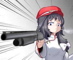 Rule 34 | 1girl, blowing smoke, blue eyes, bow, breasts, cabbie hat, commentary request, flat cap, grey hair, gun, hair bow, hat, holding, holding weapon, label girl (dipp), long sleeves, mandarin collar, medium breasts, medium hair, red hat, shotgun, side ponytail, solo, subterranorm, touhou, upper body, vest, weapon, white bow, white vest, wide sleeves