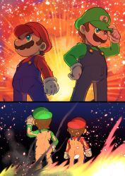 Rule 34 | 2boys, ass, blue eyes, blue overalls, brothers, commentary, explosion, facial hair, gloves, green headwear, hand on headwear, highres, luigi, male focus, mario, mario (series), multiple boys, multiple views, mustache, nintendo, overalls, p on kome, red headwear, siblings, wardrobe malfunction, white gloves