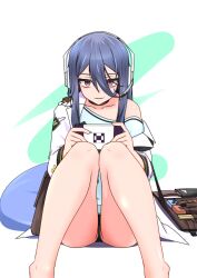 Rule 34 | 1girl, absurdres, ass, bags under eyes, ball, bare legs, barefoot, black hair, black panties, coat, commentary, exia (nikke), goddess of victory: nikke, handheld game console, headphones, highres, holding, holding handheld game console, legs, long hair, off shoulder, open clothes, panties, playing games, purple eyes, shirt, simple background, solo, taoru130, thighs, underwear, white background, white shirt