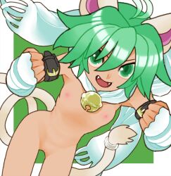 Rule 34 | 1girl, :d, animal ears, antenna hair, bell, beryl (shinrabanshou), cat ears, cat girl, cat tail, fangs, green eyes, green hair, hair between eyes, jingle bell, nipples, open mouth, pussy, scarf, shinrabanshou, short hair, sicky (pit-bull), smile, solo, tail, tail ornament, tail ring, white scarf