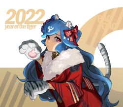 Rule 34 | 1girl, 2022, absurdres, animal ears, animal hands, bao (vtuber), blue hair, chinese zodiac, fake animal ears, gloves, highres, indie virtual youtuber, long hair, long sleeves, looking at viewer, parted lips, paw gloves, red eyes, solo, striped tail, tail, thernz, tiger ears, upper body, very long hair, virtual youtuber, year of the tiger