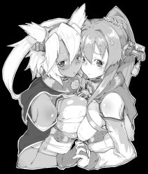 Rule 34 | 10s, 2girls, blonde hair, blush, breast press, breasts, cherry blossoms, dark skin, dark-skinned female, detached sleeves, flower, glasses, gloves, greyscale, hair ornament, kantai collection, large breasts, long hair, looking at viewer, monochrome, multiple girls, musashi (kancolle), personification, pointy hair, ponytail, rama (amaru), sarashi, symmetrical docking, twintails, two side up, very long hair, yamato (kancolle)