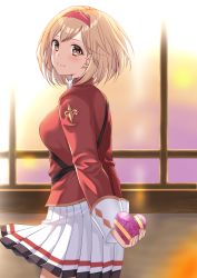 Rule 34 | 1girl, blonde hair, blush, box, brown eyes, cowboy shot, djeeta (granblue fantasy), eko, from side, gift, gift box, granblue fantasy, hairband, heart-shaped box, highres, holding, holding box, jacket, looking at viewer, looking to the side, pleated skirt, red hairband, red jacket, short hair, skirt, smile, solo, white skirt