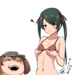 Rule 34 | 10s, 2016, 2girls, annoying orange, bare arms, bikini, bikini top only, black hair, blush, breast conscious, breast hold, breasts, brown hair, closed mouth, collarbone, darkmaya, dated, disappointed, eyebrows, groin, hair ribbon, kantai collection, long hair, looking at another, meme, mikuma (kancolle), multiple girls, navel, open mouth, red bikini, ribbon, ribs, ryuujou (kancolle), shade, signature, simple background, small breasts, squiggle, stomach, swimsuit, teeth, translation request, troll face, twintails, visor cap, white background