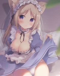 1girl :o animal_ear_fluff animal_ears apron blue_dress blurry blurry_background blush breasts brown_hair cleavage clothes_lift commentary_request depth_of_field dress dress_lift frilled_apron frilled_dress frills juliet_sleeves large_breasts long_sleeves looking_at_viewer miyasaka_naco original panties parted_bangs parted_lips pillow puffy_sleeves purple_eyes solo underwear white_apron white_panties