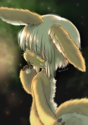 Rule 34 | 1other, :3, animal ears, body fur, finger to mouth, from behind, furry, kyuubi mika, looking back, made in abyss, nanachi (made in abyss), rabbit ears, short hair, smile, solo, tail, upper body, whiskers, white hair, yellow eyes