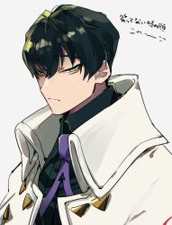 Rule 34 | 1boy, black hair, blue shirt, closed mouth, coat, collared shirt, expressionless, fate/grand order, fate (series), green eyes, hair between eyes, highres, itou kashitarou (fate), looking at viewer, male focus, necktie, portrait, purple necktie, shirt, short hair, simple background, solo, white background, white coat, yuu (areruya)