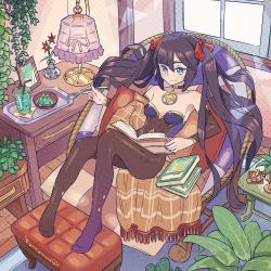 Rule 34 | 1girl, barefoot, black hair, black legwear, black leotard, blue eyes, book, breasts, chair, choker, closed mouth, cup, cushion, drinking glass, elbow gloves, full body, genshin impact, gloves, hair ornament, hair ribbon, holding, holding book, holding spoon, indoors, knees up, kyouyasai4423, leotard, long hair, lounge chair, mona (genshin impact), nail polish, ottoman, picture frame, plant, plate, purple nails, reading, red ribbon, ribbon, sitting, smile, spoon, table, tray, twintails, unworn hair ornament, very long hair
