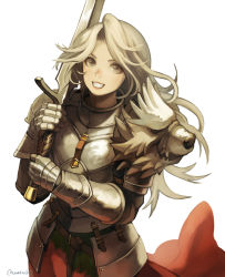 Rule 34 | 1girl, armor, breastplate, brown eyes, cape, commentary request, gauntlets, grin, holding, holding sword, holding weapon, long hair, looking at viewer, muraicchi (momocchi), open mouth, original, red cape, shoulder armor, signature, simple background, smile, solo, sword, upper body, waist cape, weapon, white background, white hair