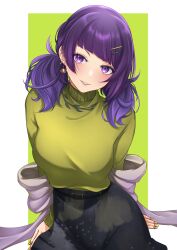 Rule 34 | 1girl, absurdres, black skirt, blush, fingernails, head tilt, highres, idolmaster, idolmaster shiny colors, invisible chair, long hair, long sleeves, looking at viewer, mr2d, nail polish, purple eyes, purple hair, shawl, simple background, sitting, skirt, smile, solo, sweater, tanaka mamimi, twintails, two-tone background