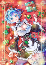 Rule 34 | 1girl, :d, absurdres, apron, black dress, blue eyes, blue hair, blush, box, breasts, candy, candy cane, character name, christmas, cleavage, cowboy shot, detached sleeves, dress, female focus, flower, food, frilled dress, frilled sleeves, frills, garter straps, gift, hair flower, hair ornament, hair over one eye, hair ribbon, hand up, heart, highres, looking at viewer, lying, maid headdress, matching hair/eyes, medium breasts, merry christmas, on back, open mouth, pink ribbon, re:zero kara hajimeru isekai seikatsu, rem (re:zero), ribbon, short hair, smile, solo, ssosso, sweets, teeth, thighhighs, upper teeth only, waist apron, white apron, white thighhighs, wide sleeves, x hair ornament
