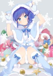 Rule 34 | 1girl, aikatsu!, aikatsu! (series), animal hood, bell, blue capelet, blue choker, blue dress, blue eyes, blue footwear, blue hair, boots, capelet, cat hood, cat tail, choker, christmas, closed mouth, commentary, dress, fingerless gloves, fur-trimmed capelet, fur-trimmed dress, fur-trimmed gloves, fur trim, gift, gloves, hood, hood up, hooded capelet, kiriya aoi, knee boots, looking at viewer, medium hair, onbin ha, short dress, side ponytail, sidelocks, sitting, smile, snowflake background, solo, swept bangs, tail, tail bell, tail ornament, white gloves
