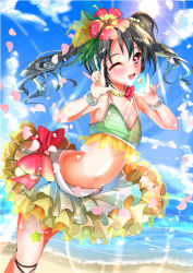 Rule 34 | 10s, 1girl, ;d, arched back, bad id, bad pixiv id, beach, bikini, bikini top only, black hair, blush, bow, cloud, day, double m/, flower, hair bow, hair flower, hair ornament, hibiscus, looking at viewer, love live!, love live! school idol project, m/, midriff, minamon (vittel221), nail polish, natsuiro egao de 1 2 jump!, navel, nico nico nii, one eye closed, open mouth, outdoors, petals, red eyes, skirt, sky, smile, solo, star (symbol), swimsuit, twintails, wink, yazawa nico