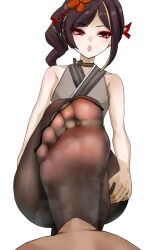 Rule 34 | 1girl, chiori (genshin impact), feet, genshin impact, highres, kukoi, long hair, looking at viewer, open mouth, pantyhose, red eyes, side ponytail, smell, smelling, soles, toes