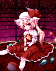 Rule 34 | 1girl, :o, akira b, ankle socks, ascot, blonde hair, bobby socks, bow, dress, embodiment of scarlet devil, female focus, flandre scarlet, foreshortening, frills, hands on lap, hat, highres, looking at viewer, open mouth, own hands together, red background, red eyes, sash, shoes, short hair, short sleeves, side ponytail, sky, socks, solo, star (sky), starry sky, touhou, window, wings, wrist cuffs