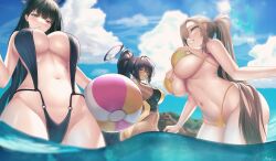 Rule 34 | 3girls, absurdres, alternate costume, artist name, ass, asuna (blue archive), ball, beachball, bikini, black hair, blonde hair, blue archive, blue eyes, breasts, cameltoe, cleavage, cleft of venus, cloud, dark-skinned female, dark skin, hair over one eye, halo, highres, holding, holding ball, holding beachball, karin (blue archive), large breasts, long hair, multiple girls, navel, o-ring, o-ring bikini, o-ring swimsuit, ocean, partially submerged, ponytail, proxyl, red eyes, rio (blue archive), sideboob, sky, slingshot swimsuit, smile, stomach, swimsuit, two-tone swimsuit, underboob, very long hair, yellow bikini, yellow eyes