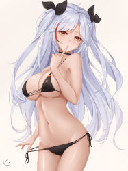 Rule 34 | 1girl, azur lane, beige background, bikini, bikini pull, bikini tug, black bikini, black choker, black ribbon, blush, breasts, brown eyes, choker, clothes pull, cowboy shot, finger to mouth, flag print, german flag bikini, highres, large breasts, long hair, looking at viewer, multicolored hair, navel, prinz eugen (azur lane), prinz eugen (unfading smile) (azur lane), pulled by self, ribbon, side-tie bikini bottom, silver hair, simple background, solo, streaked hair, swimsuit, two side up, very long hair, wei xiao