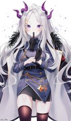 Rule 34 | 1girl, absurdres, armband, bad id, bad pixiv id, black gloves, blue archive, blush, commentary request, glove in mouth, gloves, highres, hina (blue archive), horns, huge filesize, jacket, looking at viewer, military, military uniform, mouth hold, purple eyes, silver hair, simple background, skirt, solo, thighhighs, uniform, user epvc5242, white background