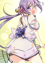 Rule 34 | 10s, 1girl, absurdres, akebono (kancolle), bell, blush, bow, broom, broom riding, flower, hair bell, hair flower, hair ornament, highres, japanese clothes, jingle bell, kantai collection, kimono, light purple hair, open mouth, purple eyes, ryuki (ryukisukune), side ponytail, solo, ^^^
