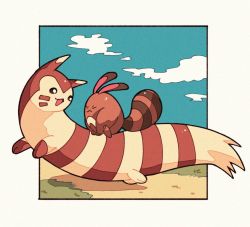 Rule 34 | brown eyes, closed eyes, closed mouth, cloud, creatures (company), evolutionary line, from side, furret, game freak, gen 2 pokemon, grass, looking back, nintendo, no humans, open mouth, panmimi, pokemon, pokemon (creature), riding, riding pokemon, sentret, sky, toes