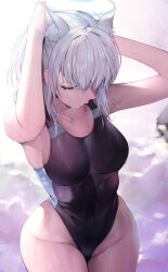 Rule 34 | 1girl, absurdres, animal ear fluff, animal ears, armpits, arms up, blue archive, breasts, collarbone, competition swimsuit, covered navel, green eyes, grey hair, halo, highres, koyo akio, medium breasts, mouth hold, official alternate costume, one-piece swimsuit, outdoors, rubber band, shiroko (blue archive), shiroko (swimsuit) (blue archive), sideboob, solo, swimsuit, two-tone one-piece swimsuit, tying hair, wolf ears