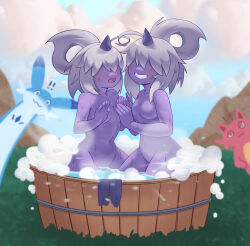 Rule 34 | !, !!, 2girls, ahoge, bathing, bathtub, black horns, blue sky, blurry, blurry background, blush, breasts, cattiva, chillet, cloud, collarbone, colored skin, completely nude, covered eyes, day, dazzi, facing another, facing viewer, fangs, female focus, grass, grey hair, grin, groin, hair over eyes, hair rings, hands up, happy, highres, horns, kneeling, lalamedli, multiple girls, navel, no nipples, nude, open mouth, outdoors, palworld, purple skin, short hair, sidelocks, single horn, sky, small breasts, smile, soap bubbles, stomach, teeth, water