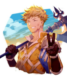 Rule 34 | 1boy, :d, axe, battle axe, blonde hair, brown gloves, commentary request, closed eyes, facing viewer, gloves, granblue fantasy, hands up, holding, holding weapon, male focus, open mouth, over shoulder, smile, solo, upper body, v, vane (granblue fantasy), vest, weapon, weapon over shoulder, yamakawa