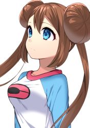 Rule 34 | 1girl, blue eyes, breasts, brown hair, collarbone, creatures (company), double bun, game freak, hair bun, long hair, long sleeves, looking up, medium breasts, nintendo, pokemon, pokemon bw2, rosa (pokemon), shirt, simple background, solo, twintails, upper body, white background, white shirt, yuihico