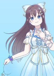 Rule 34 | 1girl, anata no risou no heroine, aqua background, aqua bow, aqua eyes, arm garter, arm ribbon, artist name, artist request, blue eyes, blush, bow, bracelet, breasts, brown hair, cleavage, collarbone, cross-laced clothes, cross-laced dress, dress, drop earrings, earrings, female focus, flower, flower bracelet, frilled dress, frilled straps, frills, hair between eyes, hair bobbles, hair bow, hair ornament, hairclip, halter dress, halterneck, hand on chest, hand on own chest, highres, holding, jewelry, long hair, looking at viewer, love live!, love live! nijigasaki high school idol club, love live! school idol festival, medium breasts, necklace, osaka shizuku, parted lips, pearl bracelet, pearl necklace, pink flower, pleated dress, ponytail, puffy short sleeves, puffy sleeves, purple flower, purple rose, ribbon, rose, see-through, see-through dress, shell hair ornament, short sleeves, skirt, smile, solo, star (symbol), star hair ornament, striped clothes, striped skirt, vertical-striped clothes, vertical-striped skirt, white bow, white dress, white skirt, wrist flower