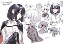 Rule 34 | 2girls, black hair, blue eyes, candy, cape, collared shirt, faust (project moon), food, grey hair, highres, kawaii inu5, lobotomy corporation, lollipop, looking at another, multiple girls, multiple views, project moon, red eyes, ryoshu (project moon), shirt, sweater, translation request